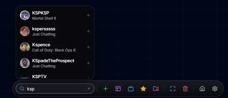 Live Twitch channel results shown while typing