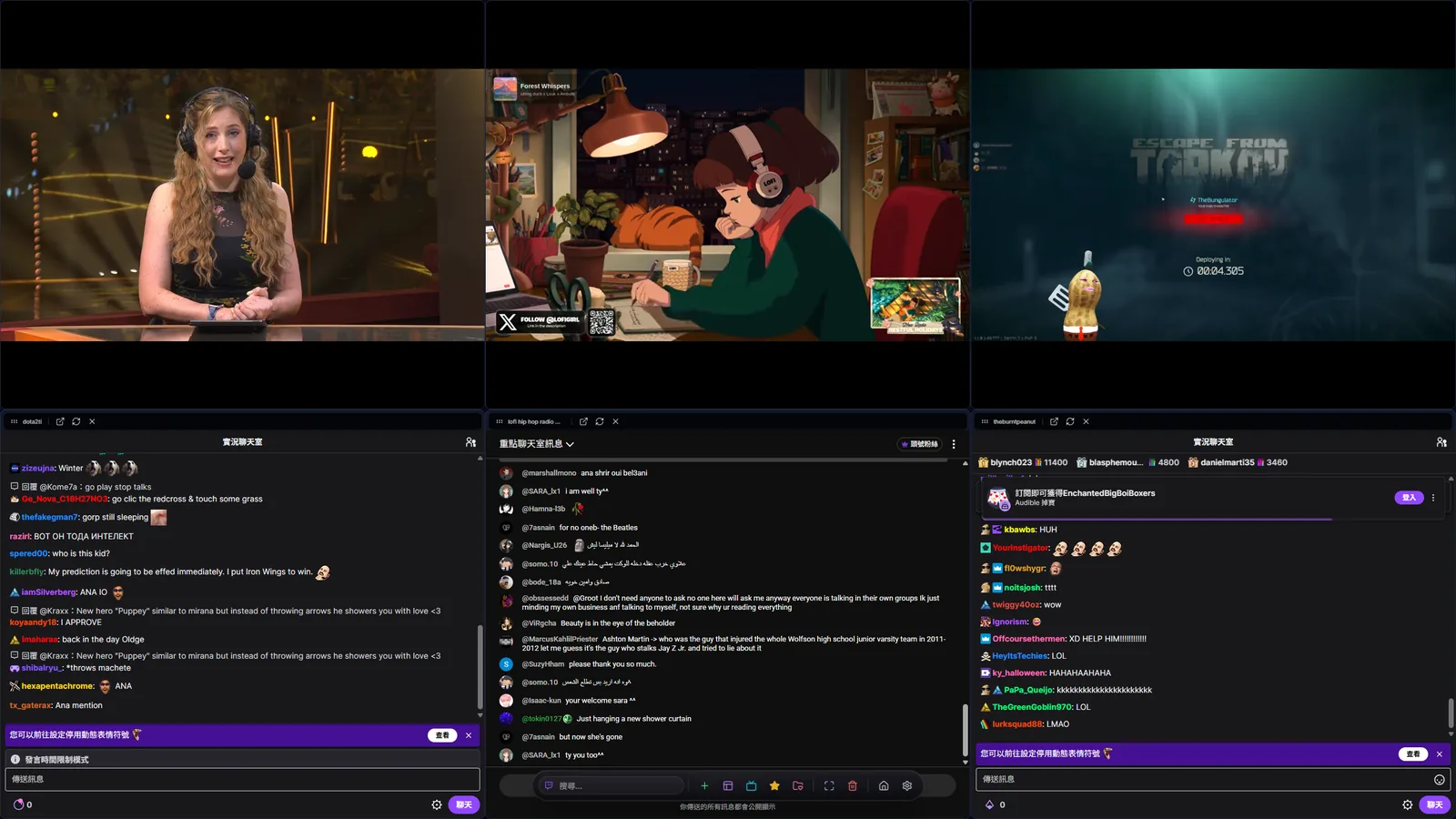 MultiStream Hub canvas playing three live streams with chat panels side by side
